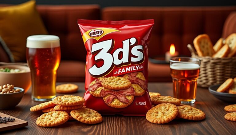 savourez les biscuits apéritifs goût bacon en format familial 3d's, idéaux pour partager et rendre vos soirées conviviales et gourmandes.