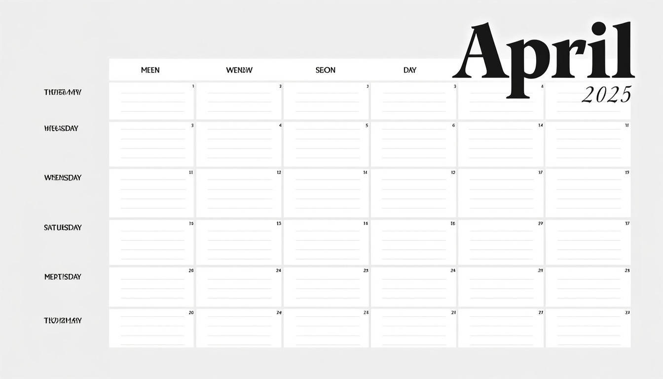 téléchargez et imprimez gratuitement votre calendrier d'avril 2025. découvrez notre guide pratique et des modèles personnalisables pour bien organiser votre mois.